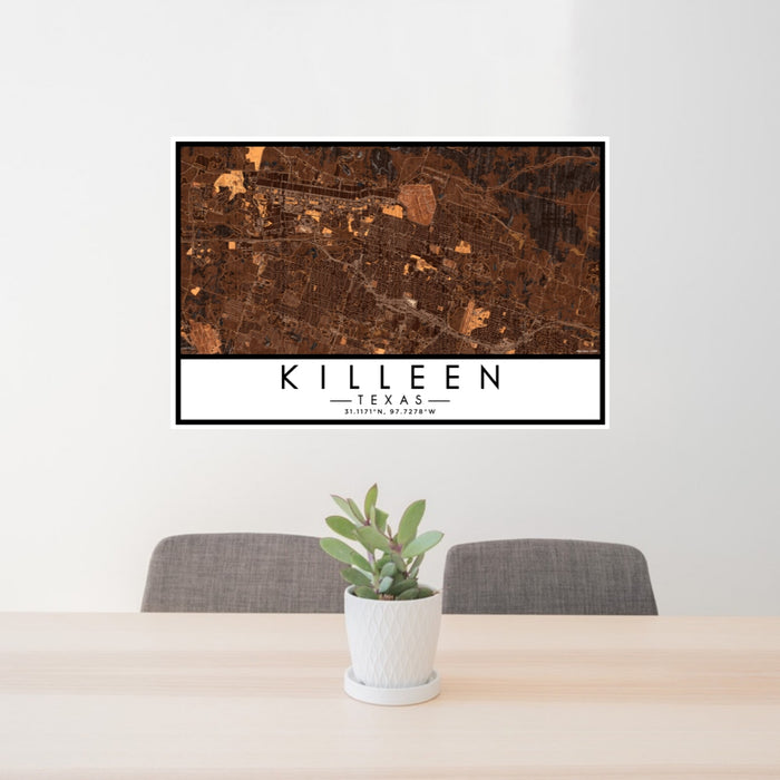 24x36 Killeen Texas Map Print Lanscape Orientation in Ember Style Behind 2 Chairs Table and Potted Plant