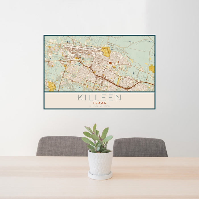 24x36 Killeen Texas Map Print Lanscape Orientation in Woodblock Style Behind 2 Chairs Table and Potted Plant