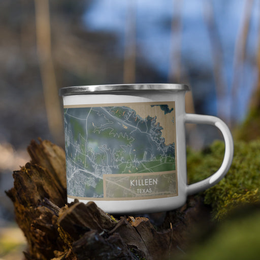 Right View Custom Killeen Texas Map Enamel Mug in Afternoon on Grass With Trees in Background