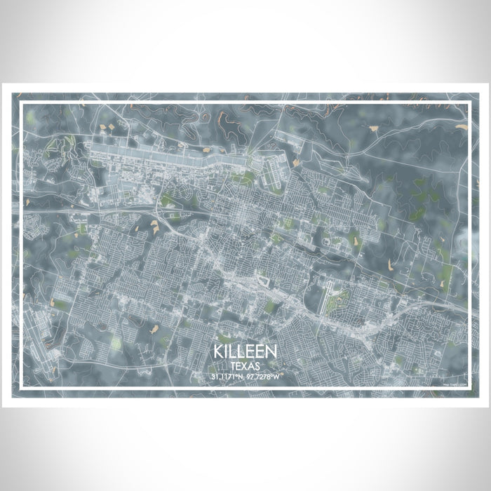 Killeen Texas Map Print Landscape Orientation in Afternoon Style With Shaded Background