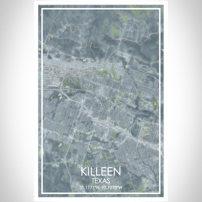 Killeen Texas Map Print Portrait Orientation in Afternoon Style With Shaded Background