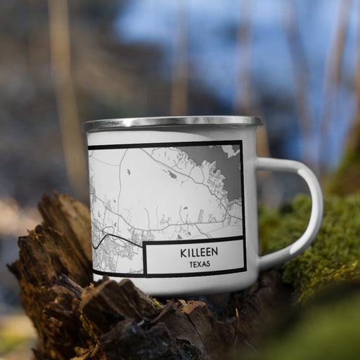Right View Custom Killeen Texas Map Enamel Mug in Classic on Grass With Trees in Background