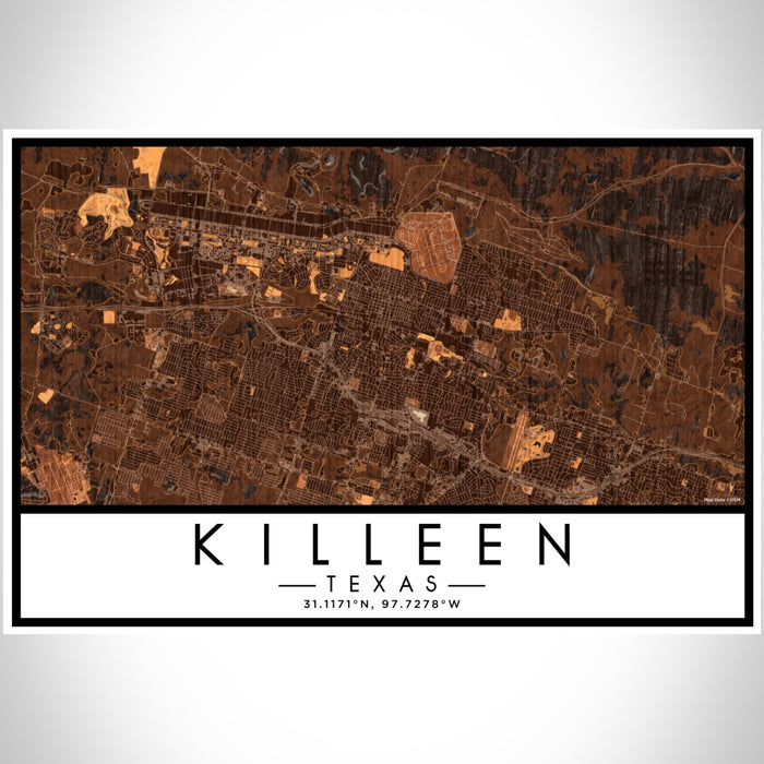 Killeen Texas Map Print Landscape Orientation in Ember Style With Shaded Background
