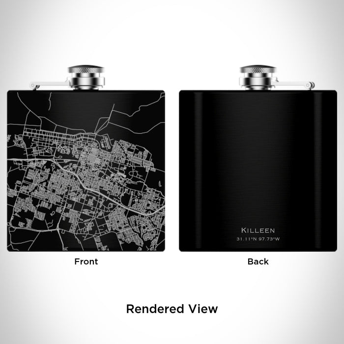 Rendered View of Killeen Texas Map Engraving on 6oz Stainless Steel Flask in Black
