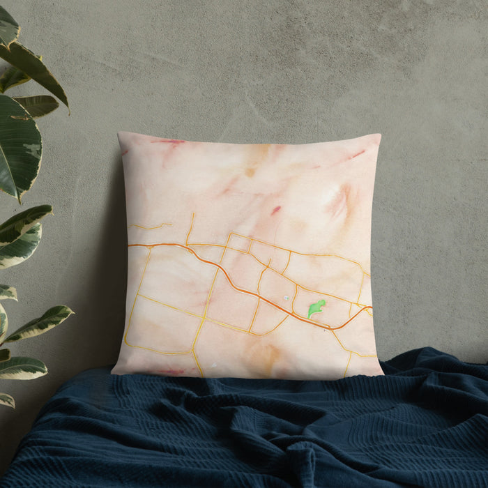 Custom Killeen Texas Map Throw Pillow in Watercolor on Bedding Against Wall