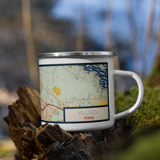 Right View Custom Killeen Texas Map Enamel Mug in Woodblock on Grass With Trees in Background