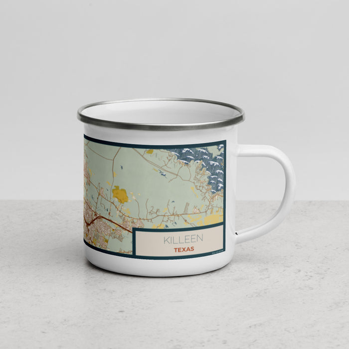 Right View Custom Killeen Texas Map Enamel Mug in Woodblock