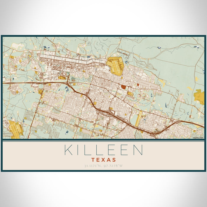 Killeen Texas Map Print Landscape Orientation in Woodblock Style With Shaded Background