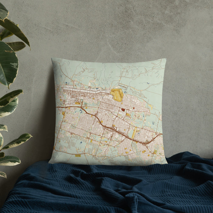 Custom Killeen Texas Map Throw Pillow in Woodblock on Bedding Against Wall