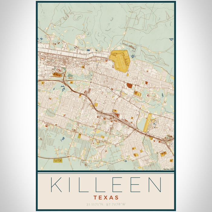 Killeen Texas Map Print Portrait Orientation in Woodblock Style With Shaded Background