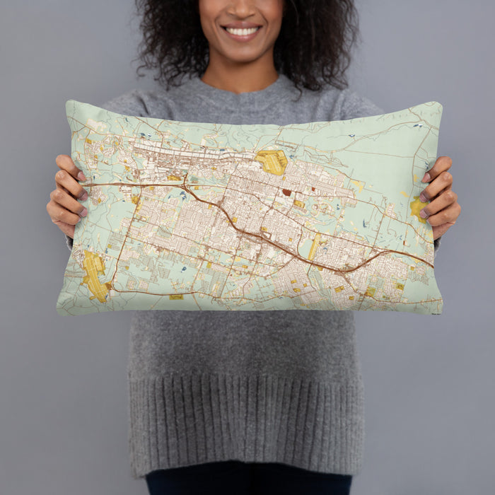 Person holding 20x12 Custom Killeen Texas Map Throw Pillow in Woodblock