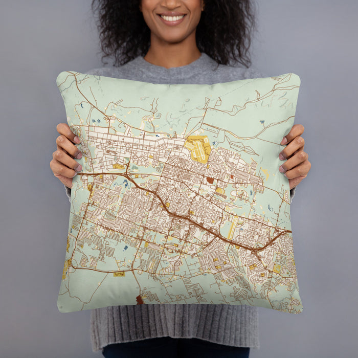 Person holding 18x18 Custom Killeen Texas Map Throw Pillow in Woodblock
