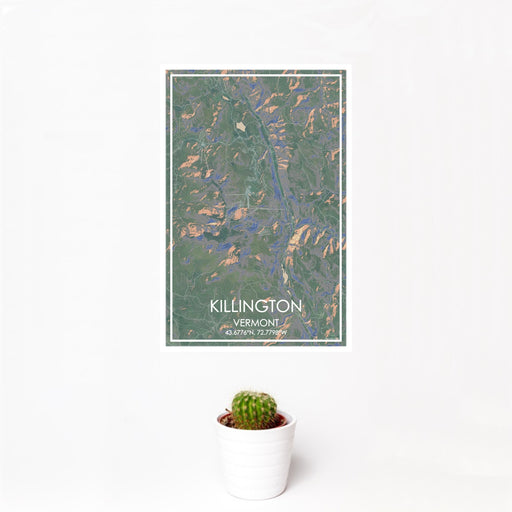 12x18 Killington Vermont Map Print Portrait Orientation in Afternoon Style With Small Cactus Plant in White Planter