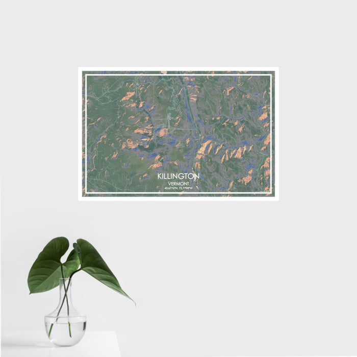 16x24 Killington Vermont Map Print Landscape Orientation in Afternoon Style With Tropical Plant Leaves in Water
