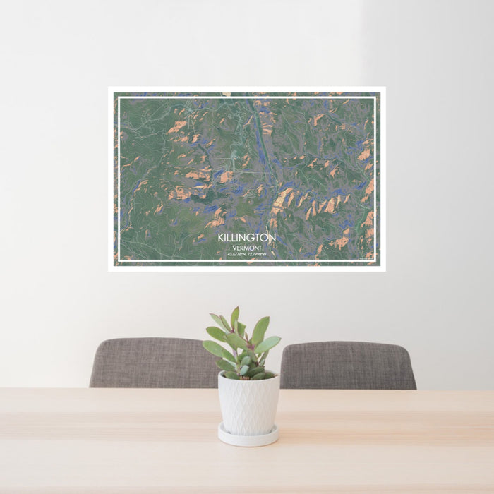 24x36 Killington Vermont Map Print Lanscape Orientation in Afternoon Style Behind 2 Chairs Table and Potted Plant