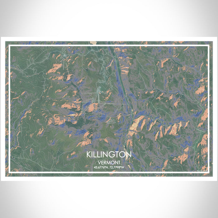 Killington Vermont Map Print Landscape Orientation in Afternoon Style With Shaded Background