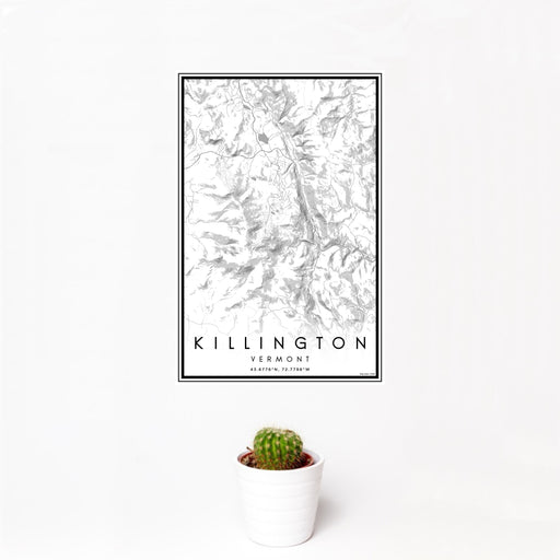 12x18 Killington Vermont Map Print Portrait Orientation in Classic Style With Small Cactus Plant in White Planter
