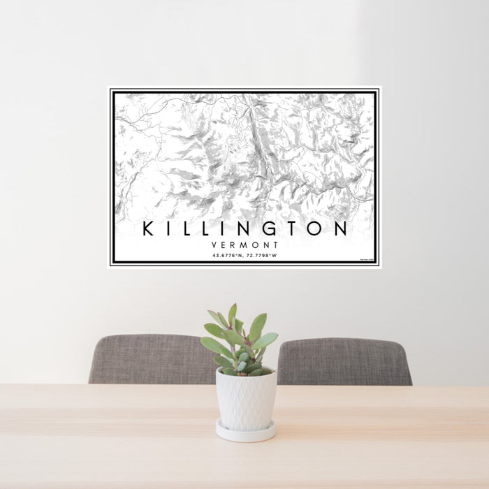 24x36 Killington Vermont Map Print Landscape Orientation in Classic Style Behind 2 Chairs Table and Potted Plant