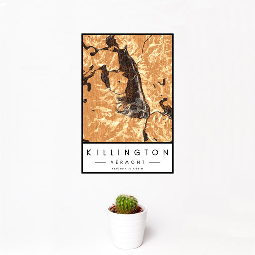 12x18 Killington Vermont Map Print Portrait Orientation in Ember Style With Small Cactus Plant in White Planter