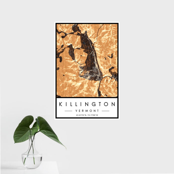 16x24 Killington Vermont Map Print Portrait Orientation in Ember Style With Tropical Plant Leaves in Water