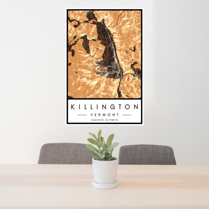 24x36 Killington Vermont Map Print Portrait Orientation in Ember Style Behind 2 Chairs Table and Potted Plant