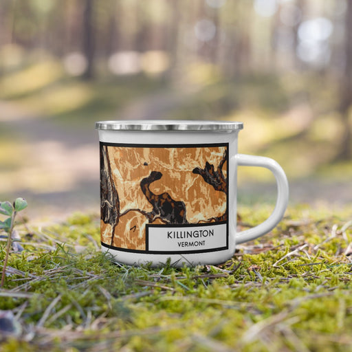 Right View Custom Killington Vermont Map Enamel Mug in Ember on Grass With Trees in Background