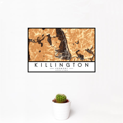 12x18 Killington Vermont Map Print Landscape Orientation in Ember Style With Small Cactus Plant in White Planter