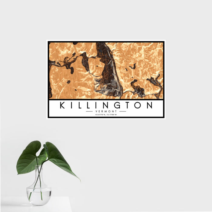 16x24 Killington Vermont Map Print Landscape Orientation in Ember Style With Tropical Plant Leaves in Water