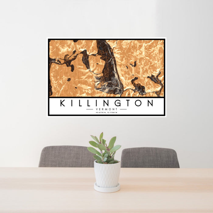 24x36 Killington Vermont Map Print Landscape Orientation in Ember Style Behind 2 Chairs Table and Potted Plant