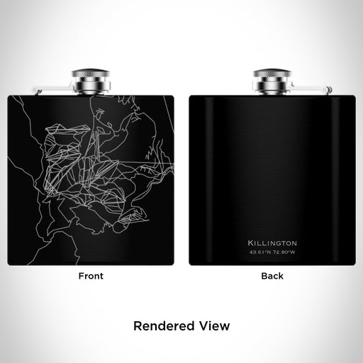 Rendered View of Killington Vermont Map Engraving on 6oz Stainless Steel Flask in Black