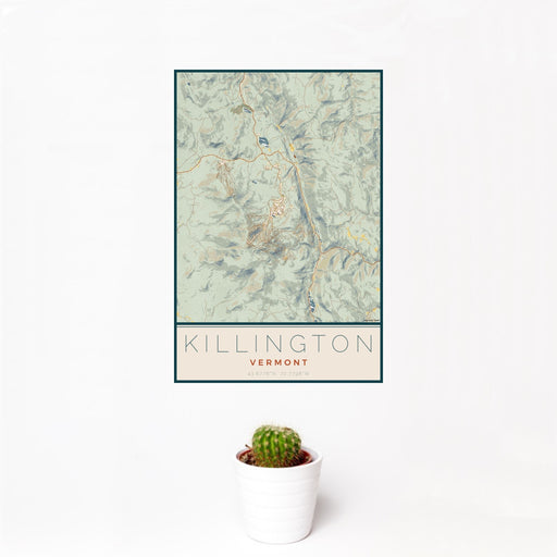 12x18 Killington Vermont Map Print Portrait Orientation in Woodblock Style With Small Cactus Plant in White Planter
