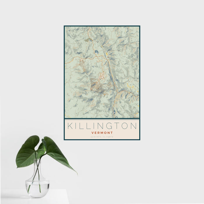 16x24 Killington Vermont Map Print Portrait Orientation in Woodblock Style With Tropical Plant Leaves in Water