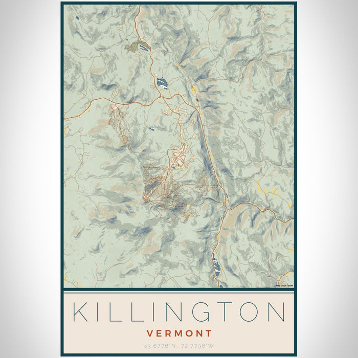 Killington Vermont Map Print Portrait Orientation in Woodblock Style With Shaded Background