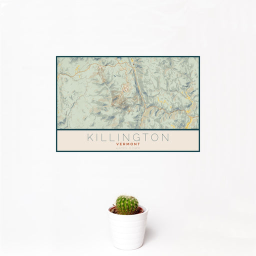 12x18 Killington Vermont Map Print Landscape Orientation in Woodblock Style With Small Cactus Plant in White Planter