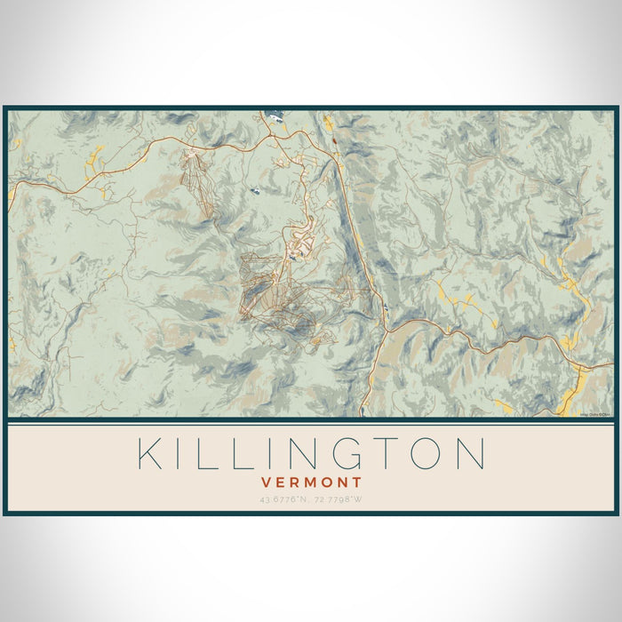 Killington Vermont Map Print Landscape Orientation in Woodblock Style With Shaded Background