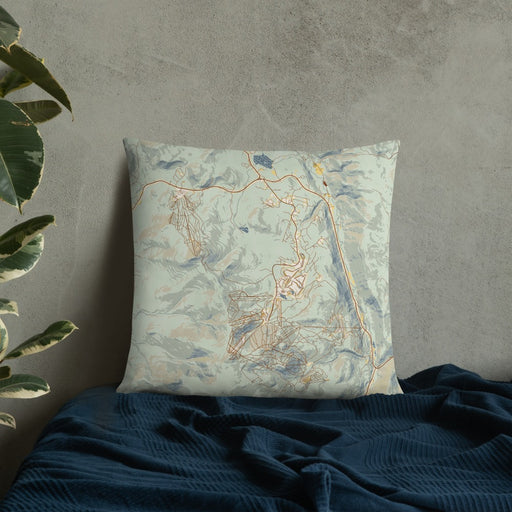 Custom Killington Vermont Map Throw Pillow in Woodblock on Bedding Against Wall