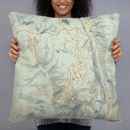 Person holding 22x22 Custom Killington Vermont Map Throw Pillow in Woodblock