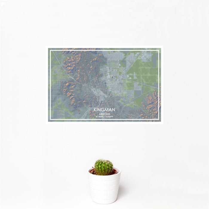 12x18 Kingman Arizona Map Print Landscape Orientation in Afternoon Style With Small Cactus Plant in White Planter