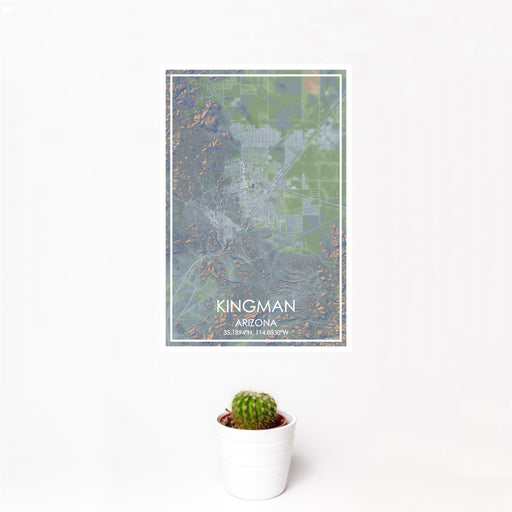 12x18 Kingman Arizona Map Print Portrait Orientation in Afternoon Style With Small Cactus Plant in White Planter