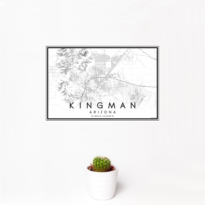 12x18 Kingman Arizona Map Print Landscape Orientation in Classic Style With Small Cactus Plant in White Planter