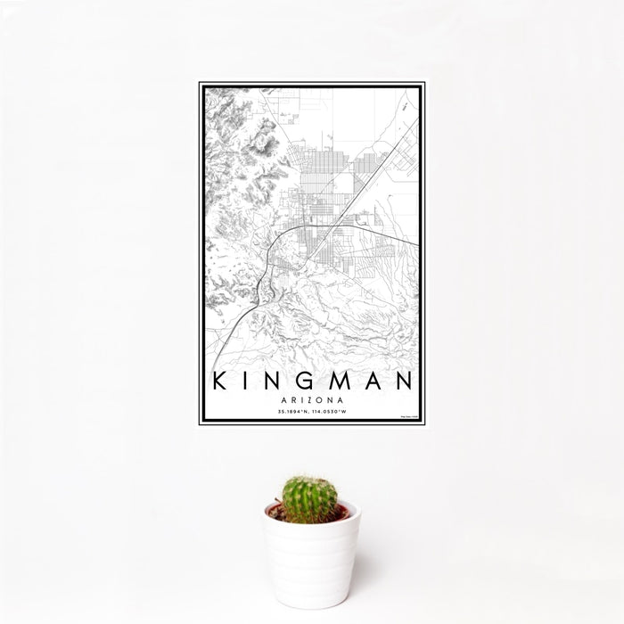 12x18 Kingman Arizona Map Print Portrait Orientation in Classic Style With Small Cactus Plant in White Planter