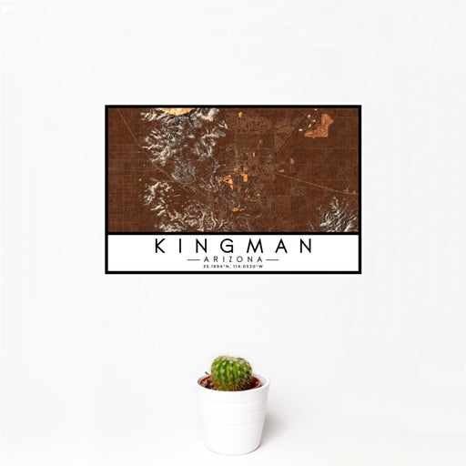 12x18 Kingman Arizona Map Print Landscape Orientation in Ember Style With Small Cactus Plant in White Planter