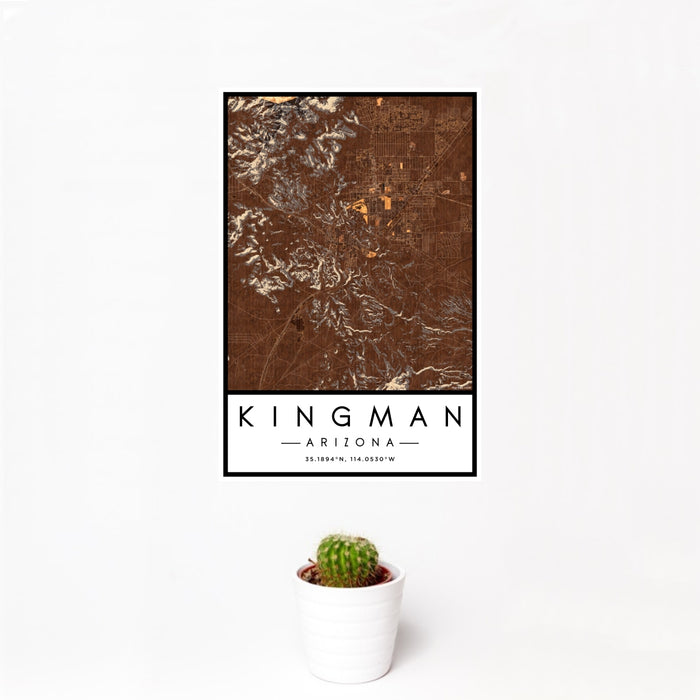 12x18 Kingman Arizona Map Print Portrait Orientation in Ember Style With Small Cactus Plant in White Planter