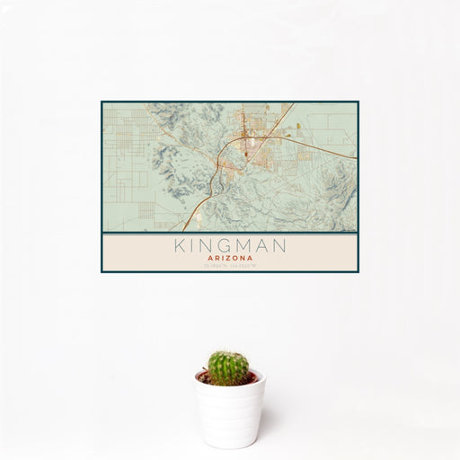 12x18 Kingman Arizona Map Print Landscape Orientation in Woodblock Style With Small Cactus Plant in White Planter