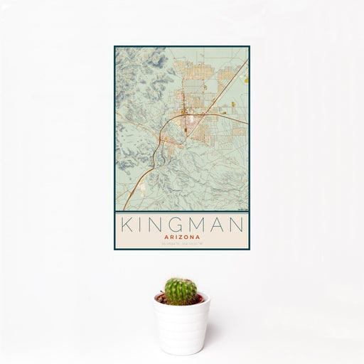 12x18 Kingman Arizona Map Print Portrait Orientation in Woodblock Style With Small Cactus Plant in White Planter