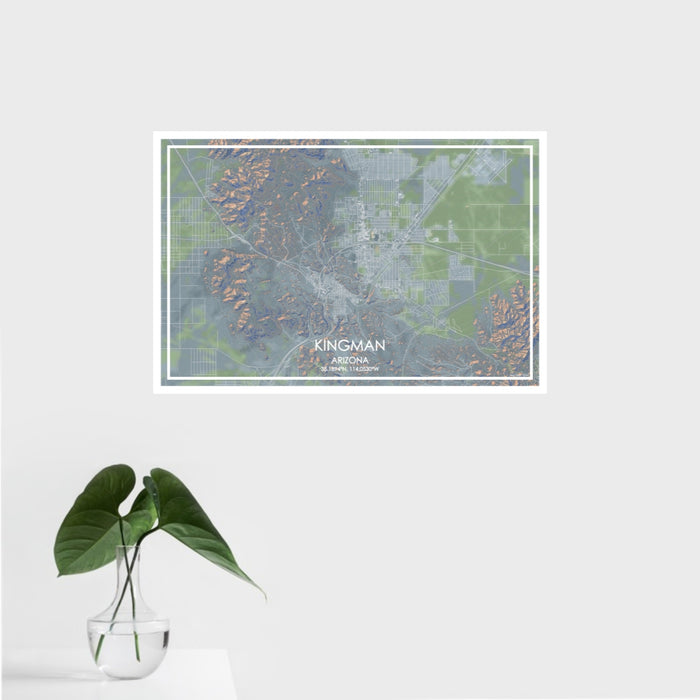 16x24 Kingman Arizona Map Print Landscape Orientation in Afternoon Style With Tropical Plant Leaves in Water
