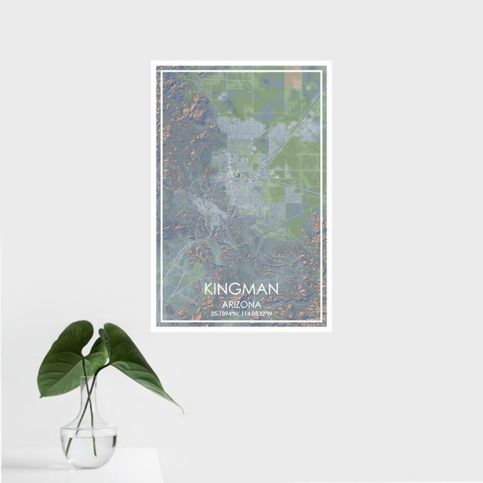 16x24 Kingman Arizona Map Print Portrait Orientation in Afternoon Style With Tropical Plant Leaves in Water