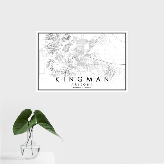16x24 Kingman Arizona Map Print Landscape Orientation in Classic Style With Tropical Plant Leaves in Water