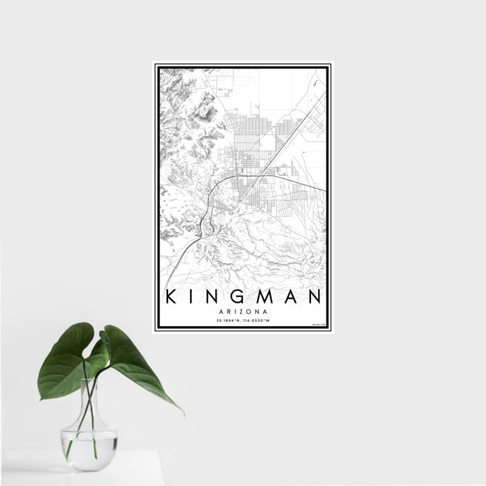 16x24 Kingman Arizona Map Print Portrait Orientation in Classic Style With Tropical Plant Leaves in Water