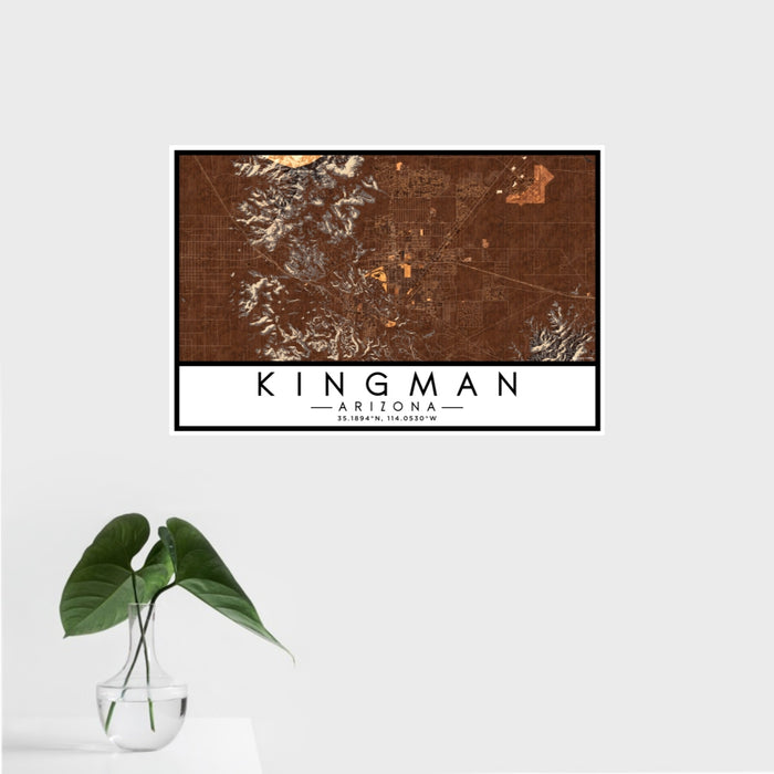 16x24 Kingman Arizona Map Print Landscape Orientation in Ember Style With Tropical Plant Leaves in Water